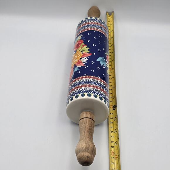 Pioneer Woman Fiona Floral Rolling Pin Stoneware Wood Handles HTF - Picture 5 of 5